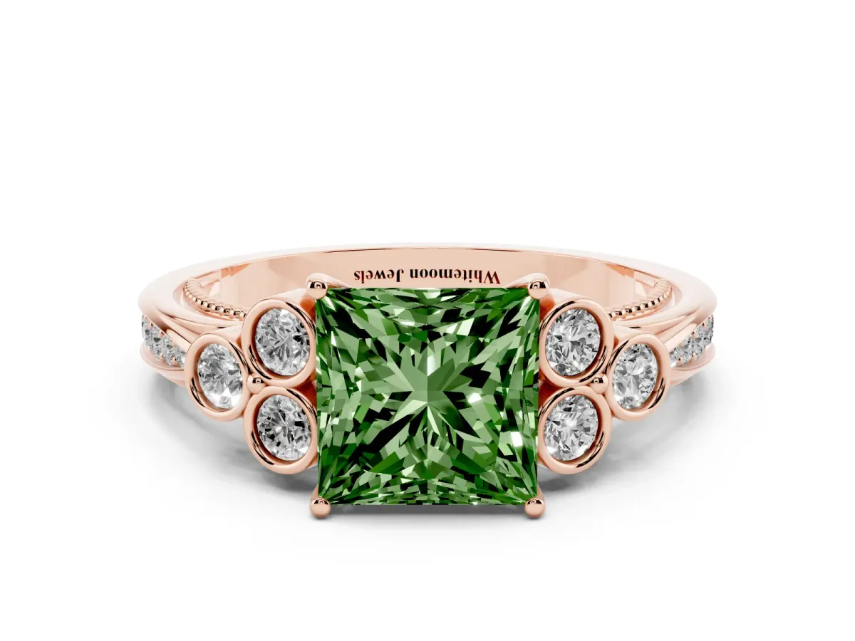 Fancy Green Princess Cut Cut Diamond Engagement Ring with Bezel Set Round Side Stones and Prong Setting Rose gold