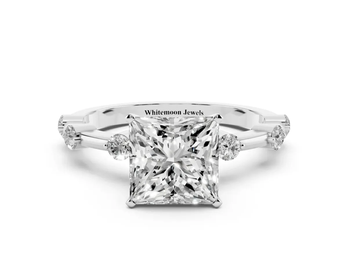 Princess Cut Solitaire Diamond Ring with Bezel Set Side Stones and Prong Setting Silver