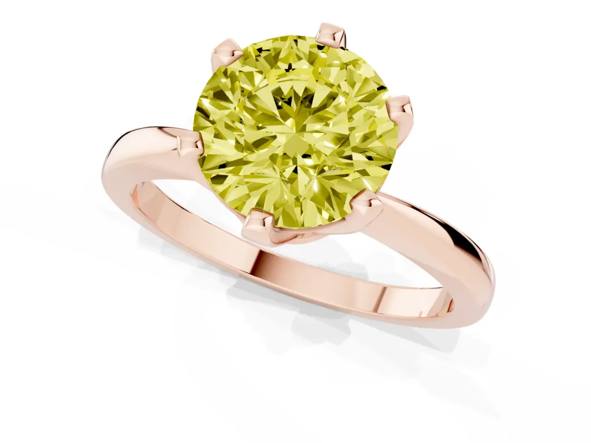 Fancy Yellow Round Cut Solitaire Engagement Ring with Six-Prong Setting and Tapered Band Rose gold
