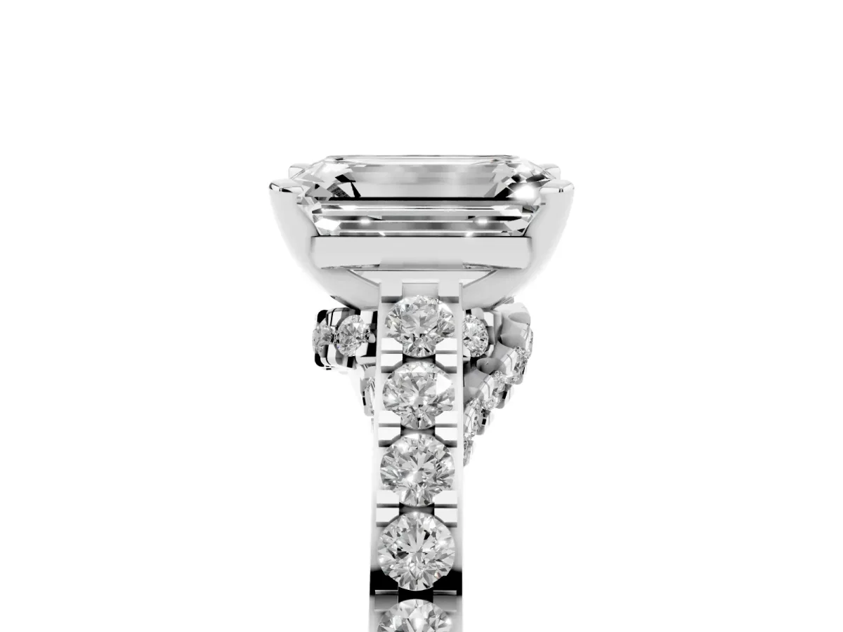 Emerald Cut Diamond Solitaire Ring with Crossover Gallery and Round Pavé Band White gold