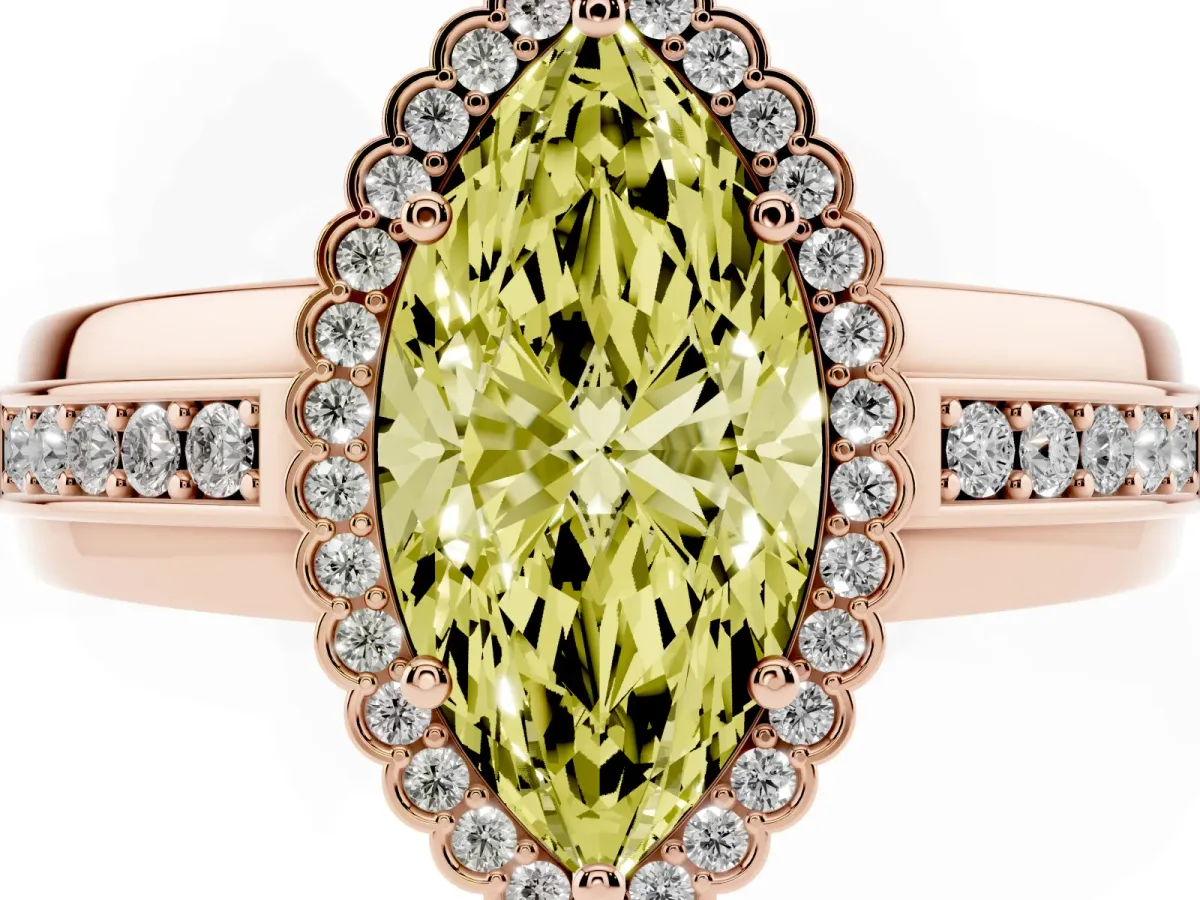 Fancy Yellow Marquise Cut Cut Halo Pave Band Four-Prong Ring Rose gold