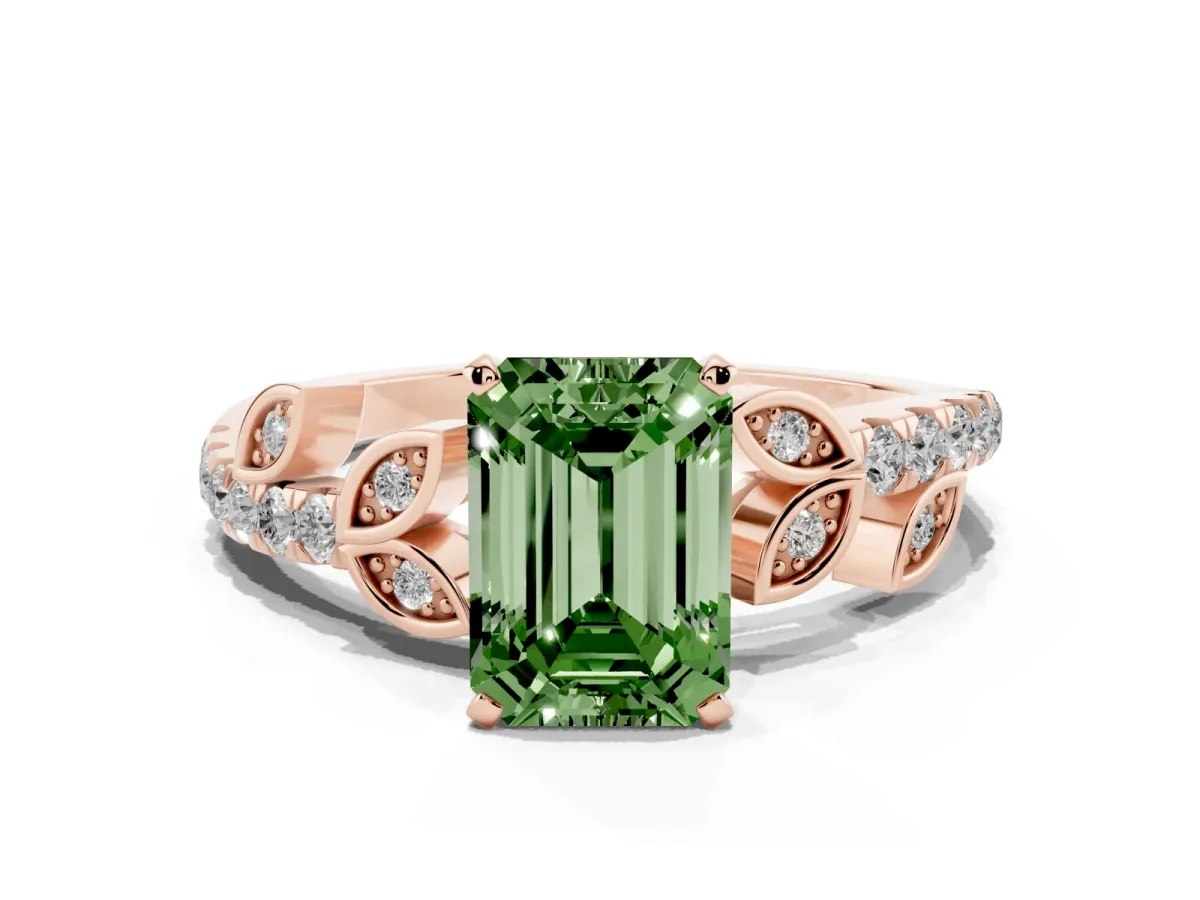 Fancy Green Emerald Cut Solitaire Leaf-Inspired Diamond Ring with Pavé Band and Four-Prong Setting Rose gold