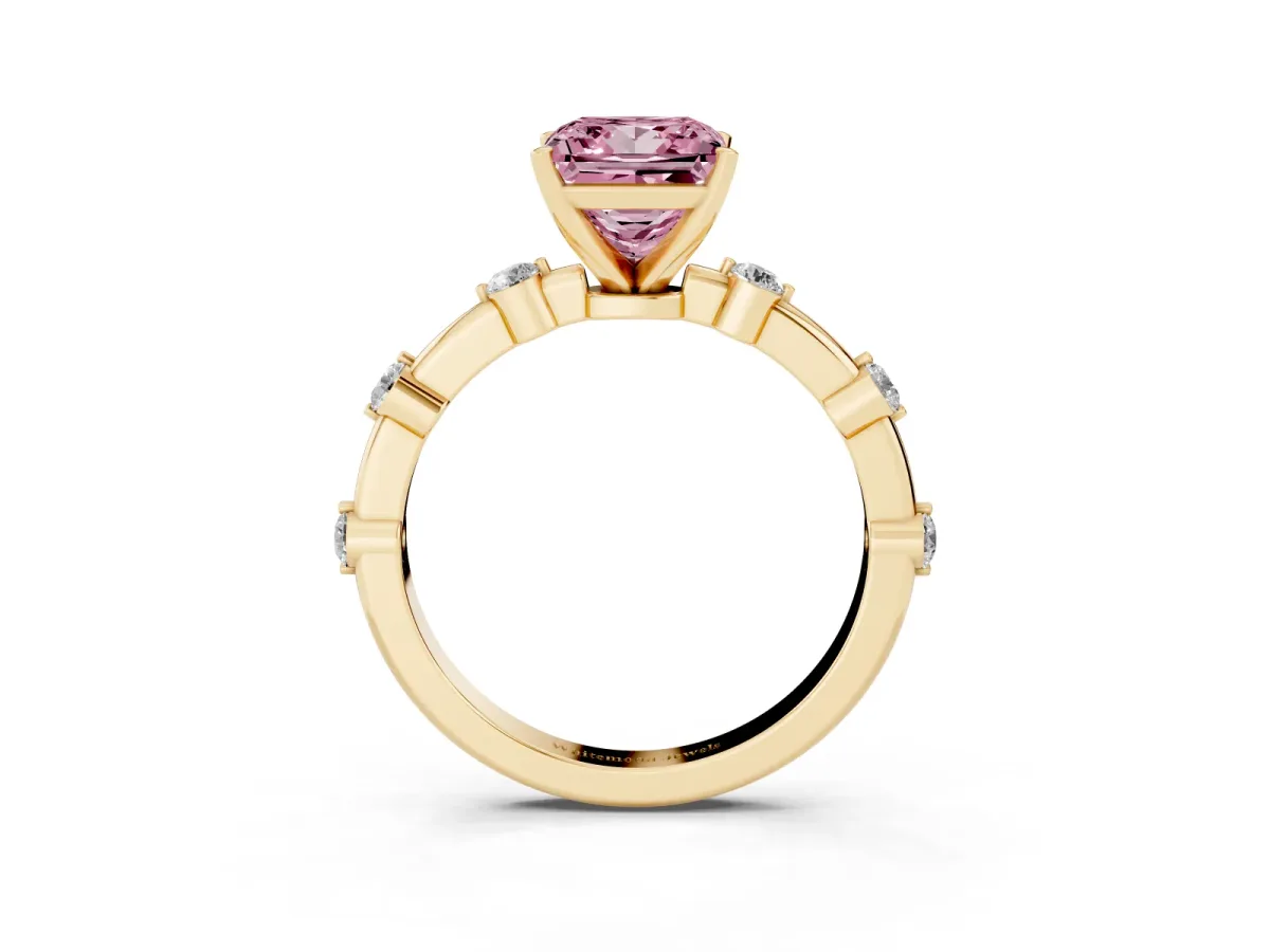Fancy Pink Princess Cut Solitaire Diamond Ring with Bezel Set Side Stones and Prong Setting Yellow gold