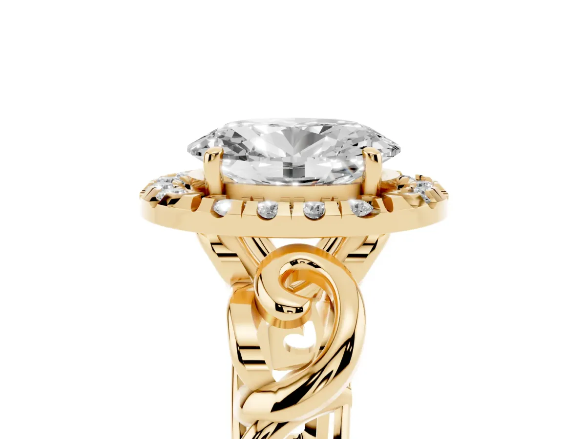 Oval Cut Cut Halo Diamond Ring with Scrollwork Band and Four-Prong Setting Yellow gold