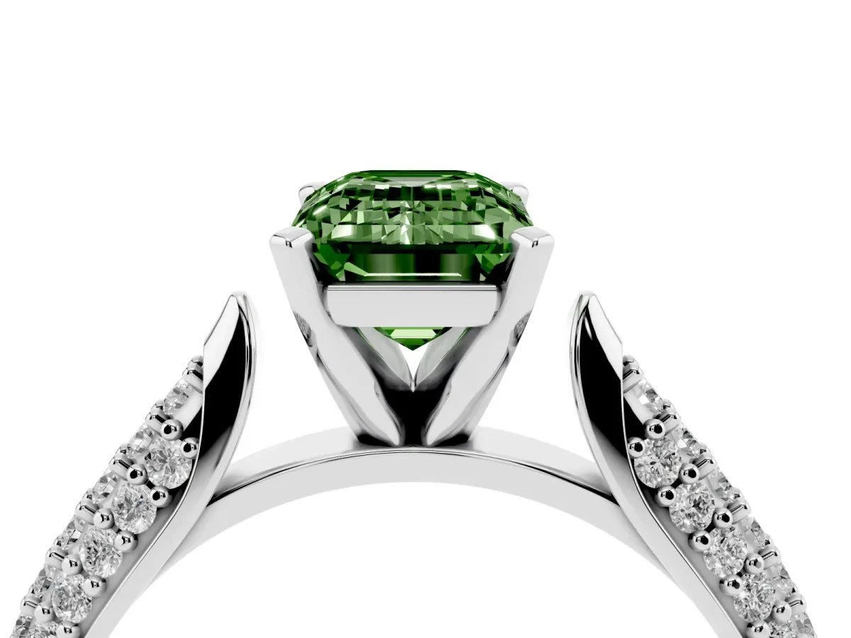 Fancy Green Emerald Cut Diamond Solitaire Engagement Ring with Multi-Row Round Pavé Band and Prong Setting Silver