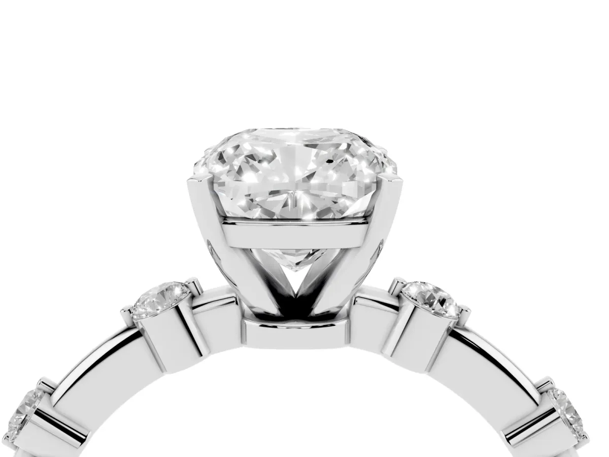 Cushion Cut Solitaire Diamond Ring with Bezel Set Side Stones and Prong Setting Silver