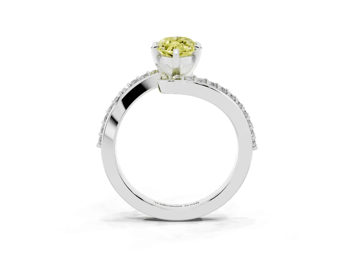 Fancy Yellow Marquise Cut Solitaire Twist Band with Pave Set Diamonds and Four-Prong Setting White gold