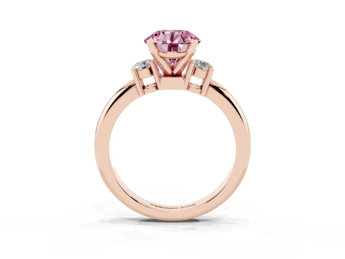Fancy Pink Three-Stone Round Cut Cut Diamond Solitaire with Prong Setting and Classic Band Rose gold