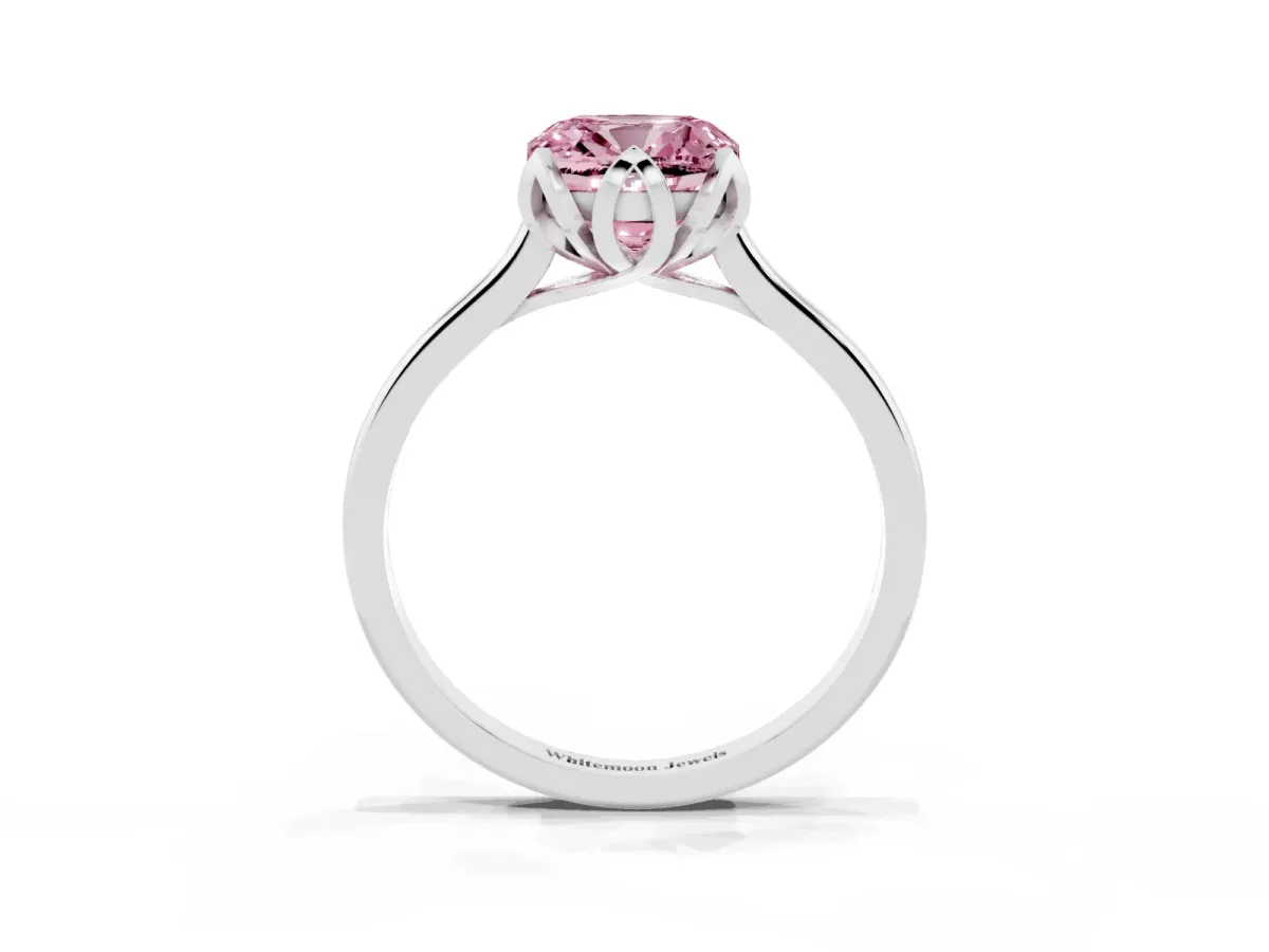 Fancy Pink Cushion Cut Diamond Solitaire Ring with Flower Prong Setting and Classic Band Silver