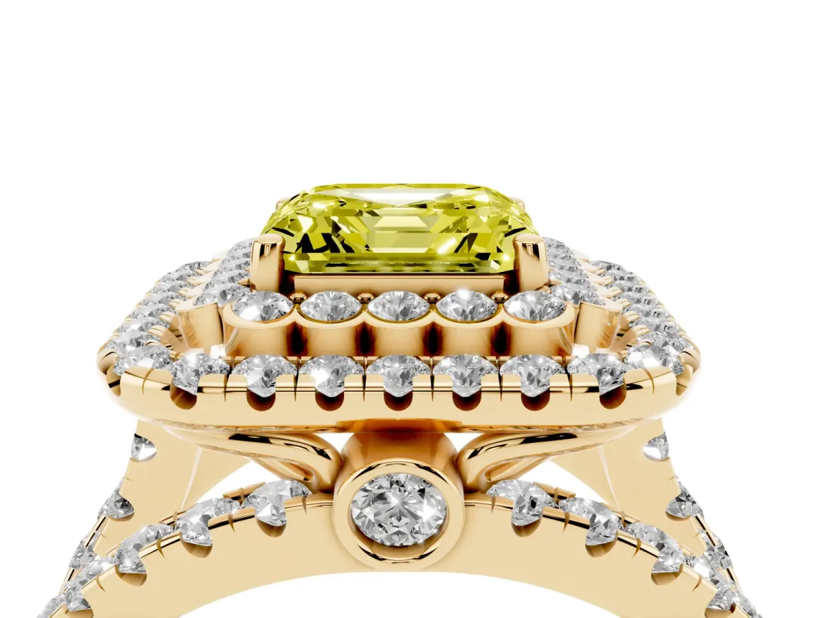 Fancy Yellow Asscher Cut Diamond Double Halo Ring with Round Pavé Split Shank and Prong Setting Yellow gold