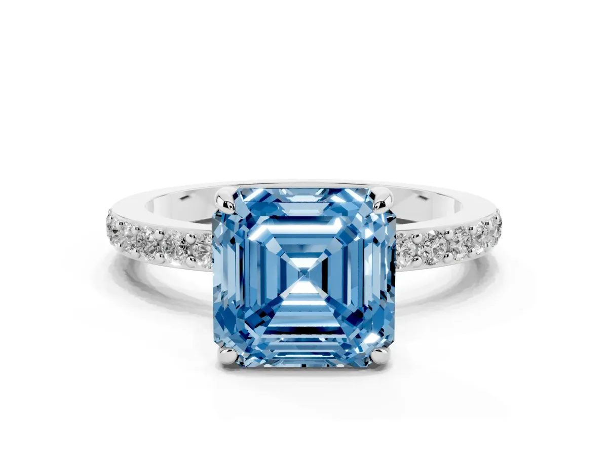 Fancy Blue Asscher Cut Diamond Solitaire Engagement Ring with Pavé Band and Four-Prong Setting Platinum