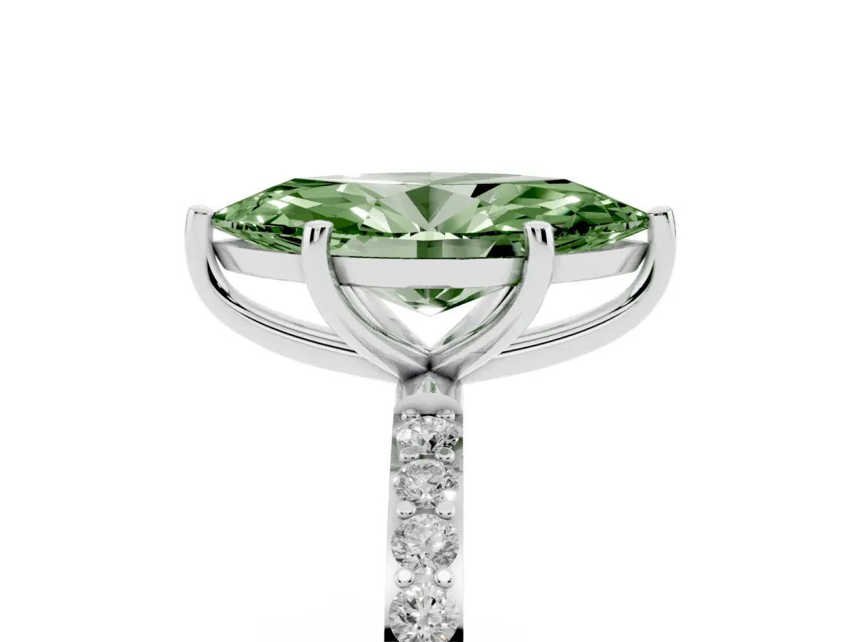 Fancy Green Marquise Cut Diamond Solitaire Ring with Round Pavé Shoulders and Prong Setting Silver