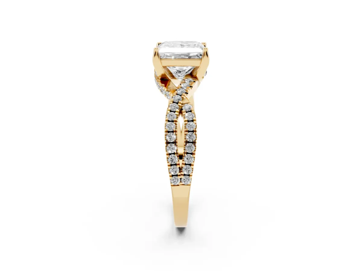 Princess Cut Solitaire Twist Pave Diamond Engagement Ring with Prong Setting Yellow gold