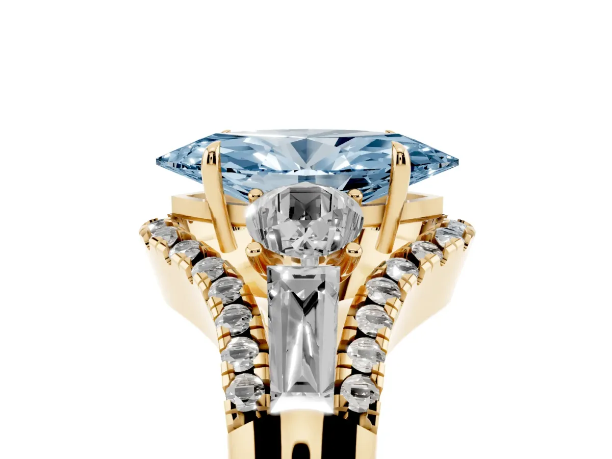 Fancy Blue Three-Stone Marquise Cut Diamond Engagement Ring with Pave Band and Prong Setting Yellow gold