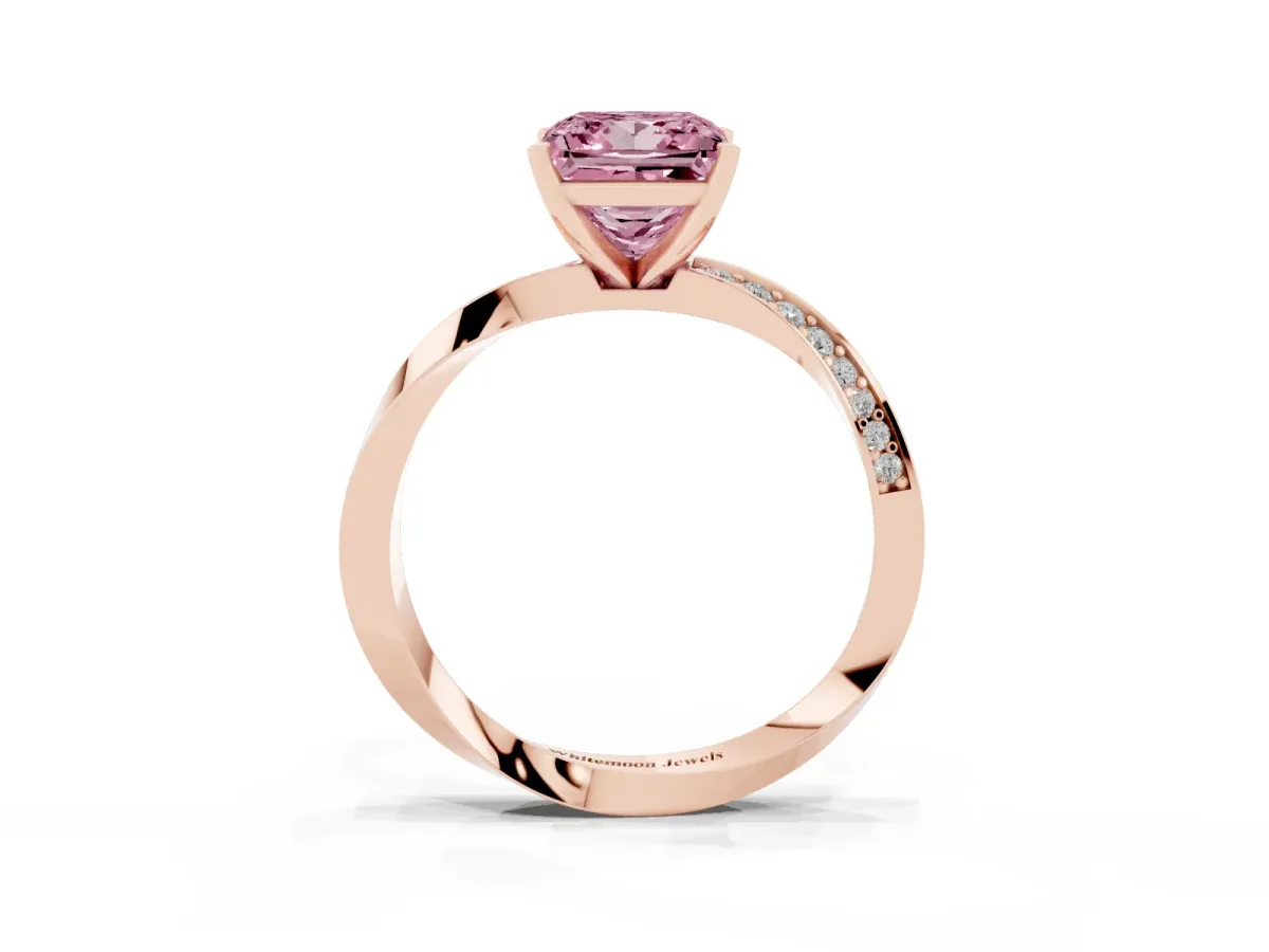 Fancy Pink Princess Cut Diamond Engagement Ring with Side Stone Accents and Four-Prong Setting Rose gold