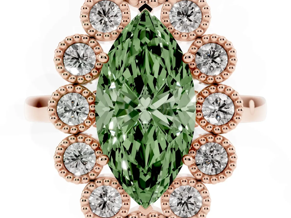 Fancy Green Marquise Cut Halo Diamond Cluster Engagement Ring with Milgrain Bezel Setting and Solitaire Band Rose gold