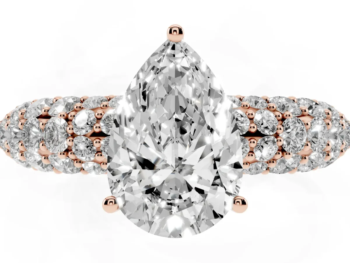 Pear Cut Diamond Pavé Band Solitaire Ring with Four-Prong Setting Rose gold