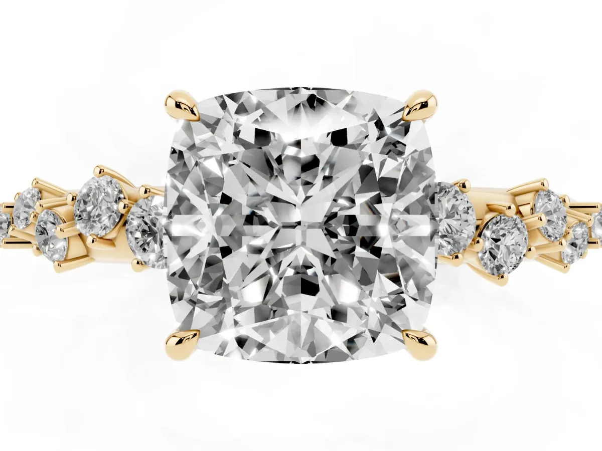 Cushion Cut Diamond Cluster Side Stone Solitaire Ring with Prong Setting Yellow gold