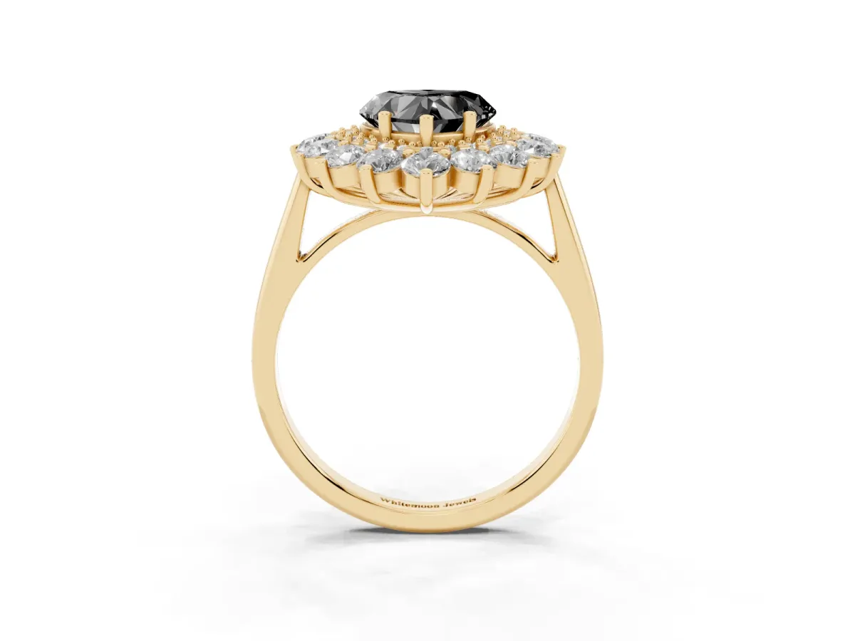 Fancy Black Heart Cut Diamond Floral Double Halo Engagement Ring with Prong Setting Yellow gold