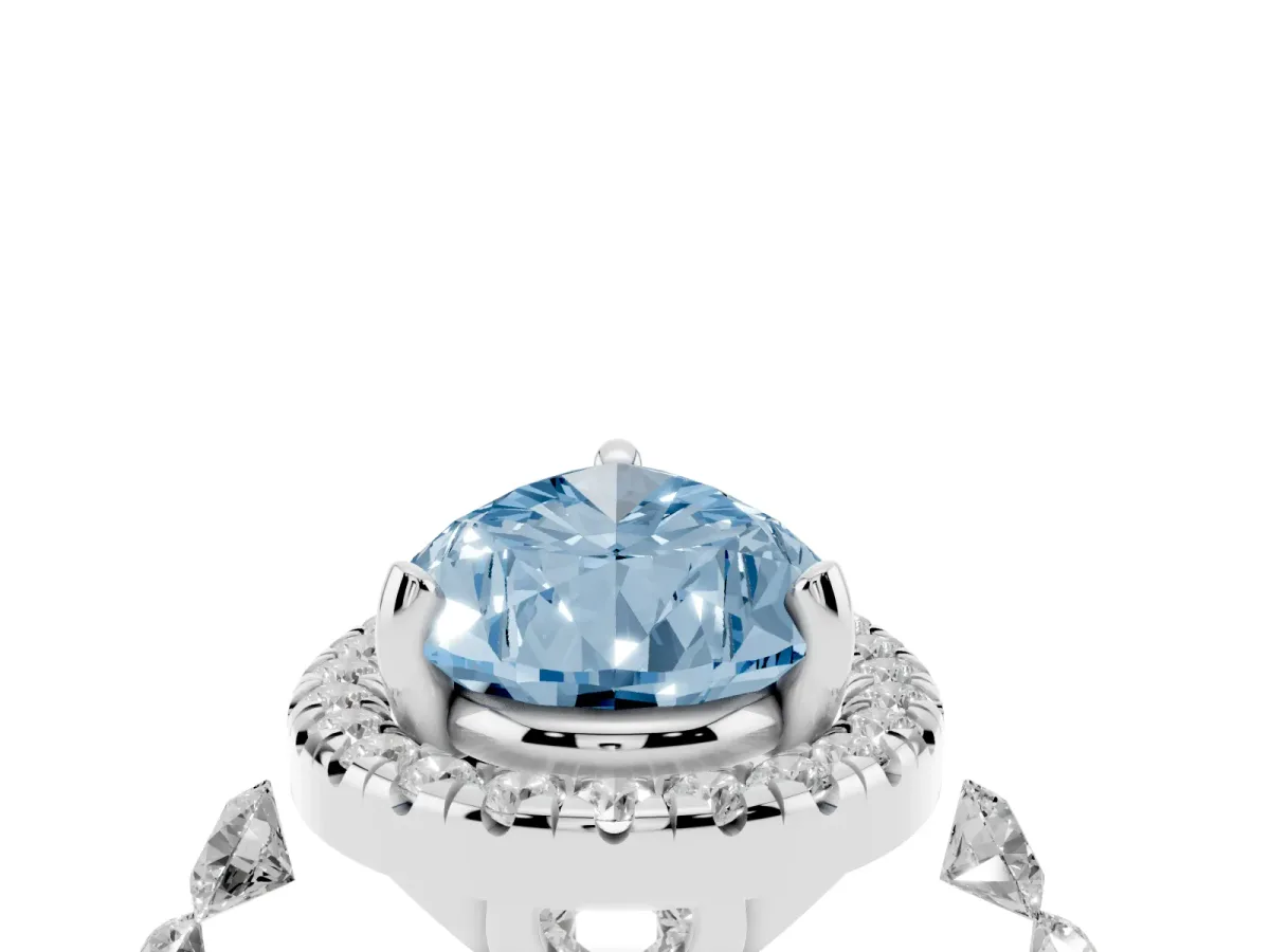 Fancy Blue Pear Cut Halo Pavé Diamond Engagement Ring with Four-Prong Setting Silver