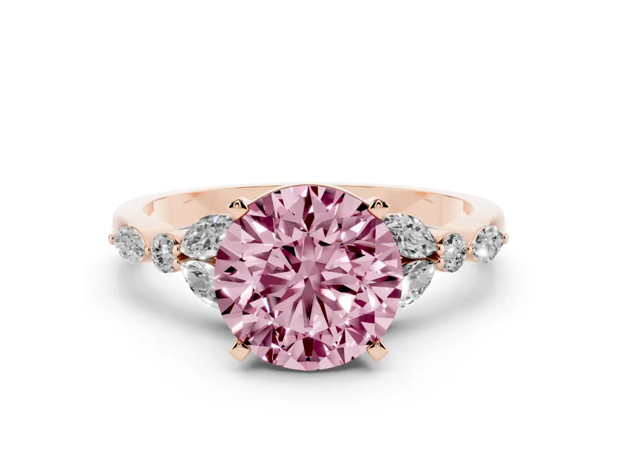Fancy Pink Round Cut Diamond Solitaire Ring with Side Stones and Four-Prong Setting Rose gold