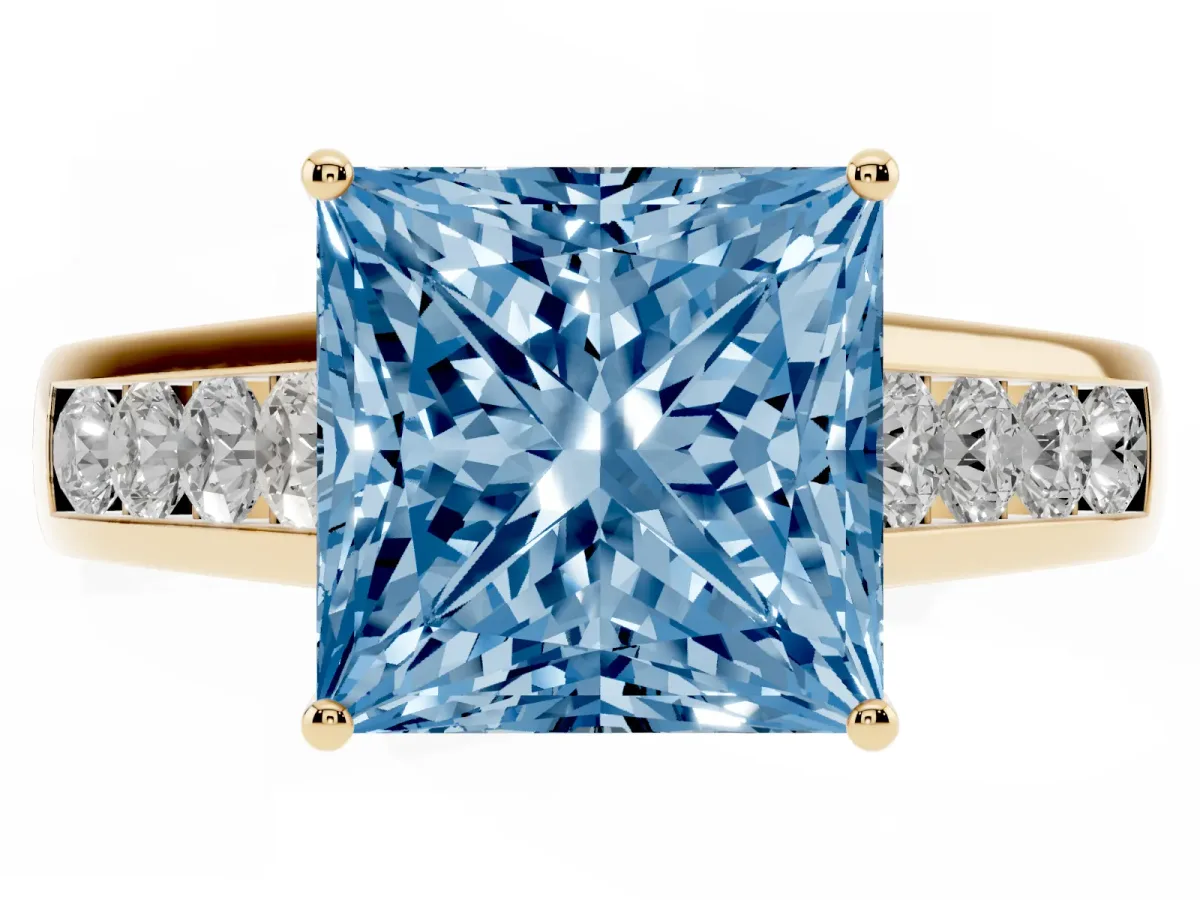 Fancy Blue Princess Cut Solitaire Channel-Set Diamond Engagement Ring with Four-Prong Setting Yellow gold