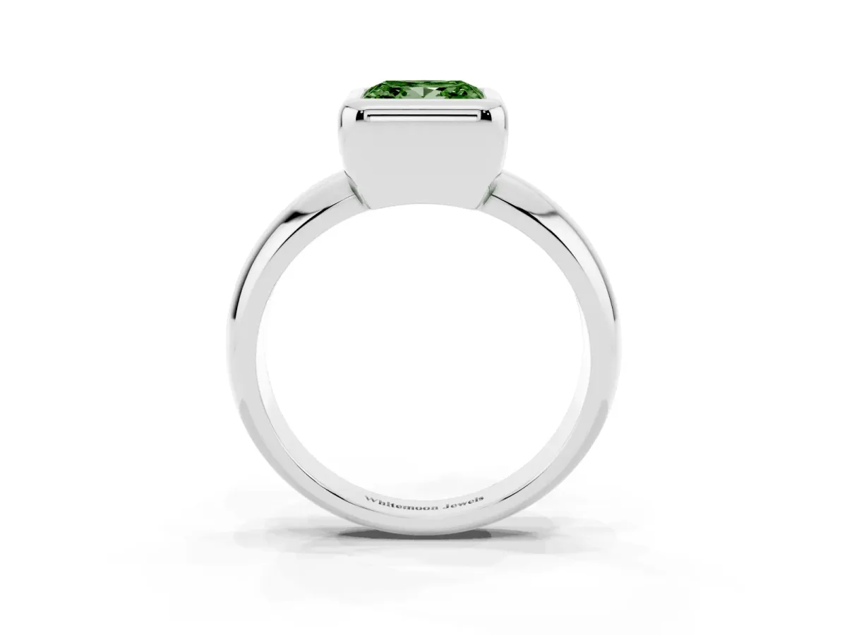 Fancy Green Bezel Set Princess Cut Solitaire Ring with Wide Band Platinum