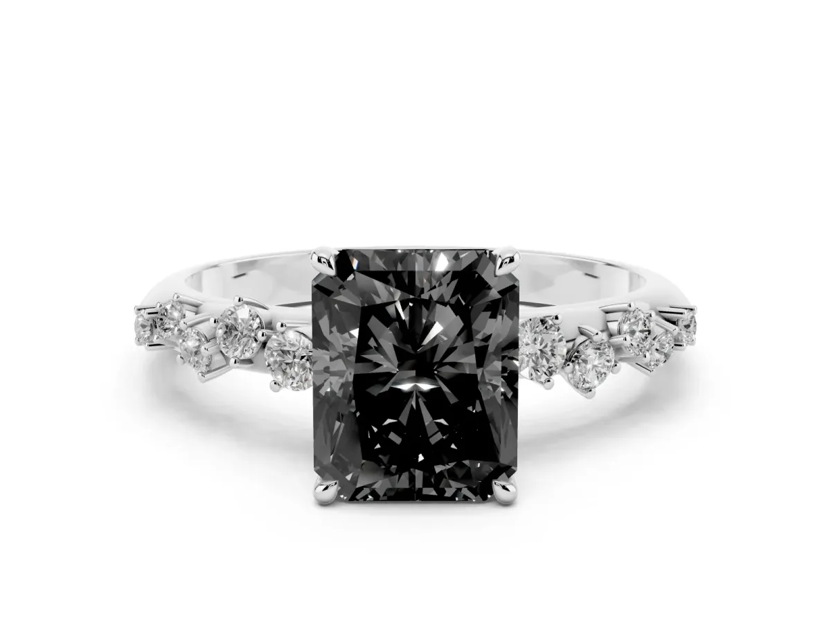Fancy Black Radiant Cut Diamond Cluster Side Stone Solitaire Ring with Prong Setting Silver