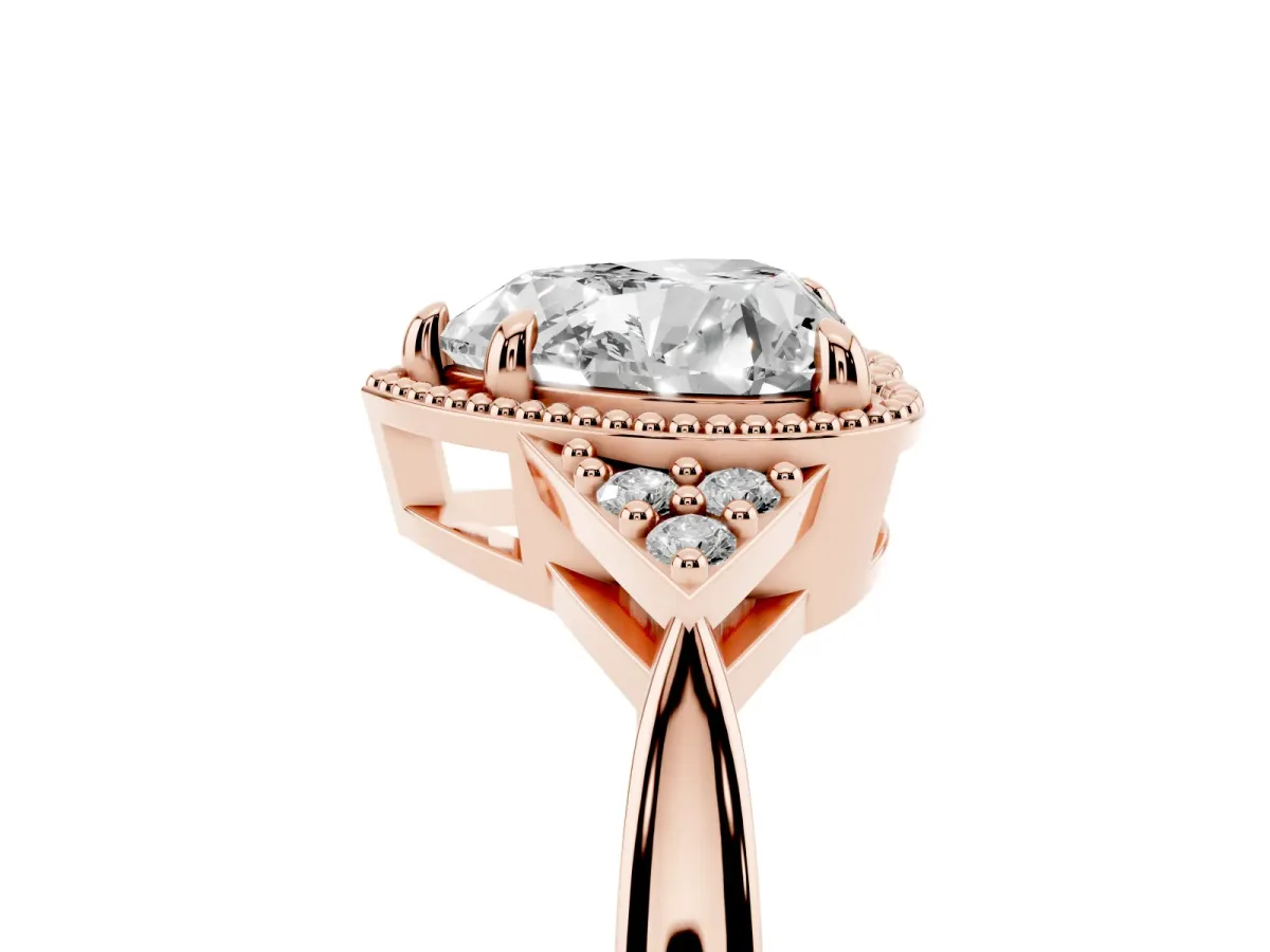 Hexagonal Halo Heart Cut Diamond Solitaire with Pavé Band and Four-Prong Setting Rose gold