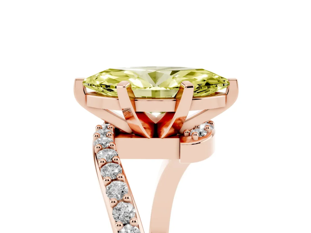 Fancy Yellow Marquise Cut Solitaire Twist Band with Pave Set Diamonds and Four-Prong Setting Rose gold