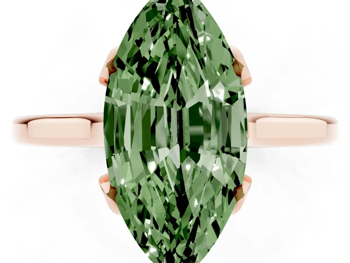 Fancy Green Marquise Cut Diamond Solitaire Ring with Flower Prong Setting and Classic Band Rose gold