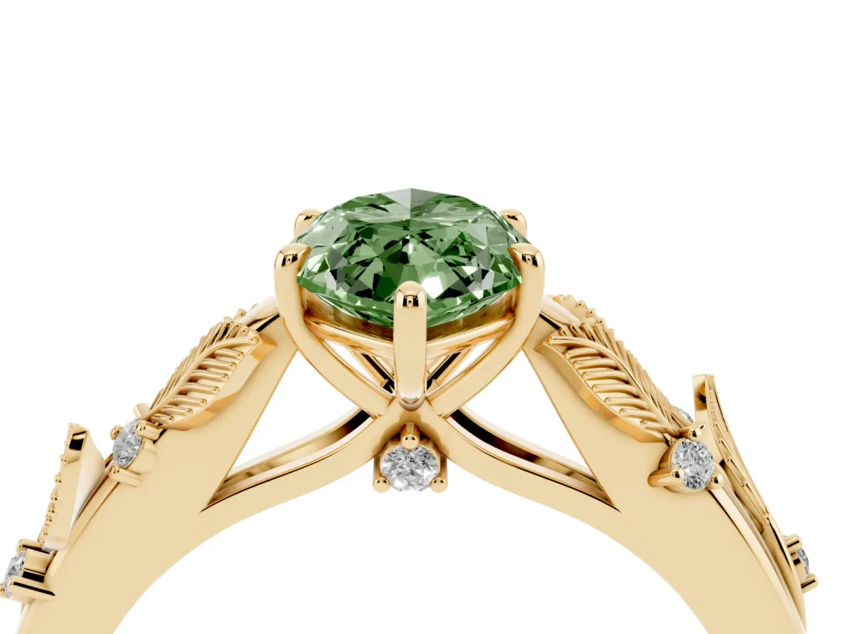 Fancy Green Marquise Cut Diamond Solitaire Ring with Leaf Motif Band and Four-Prong Setting Yellow gold