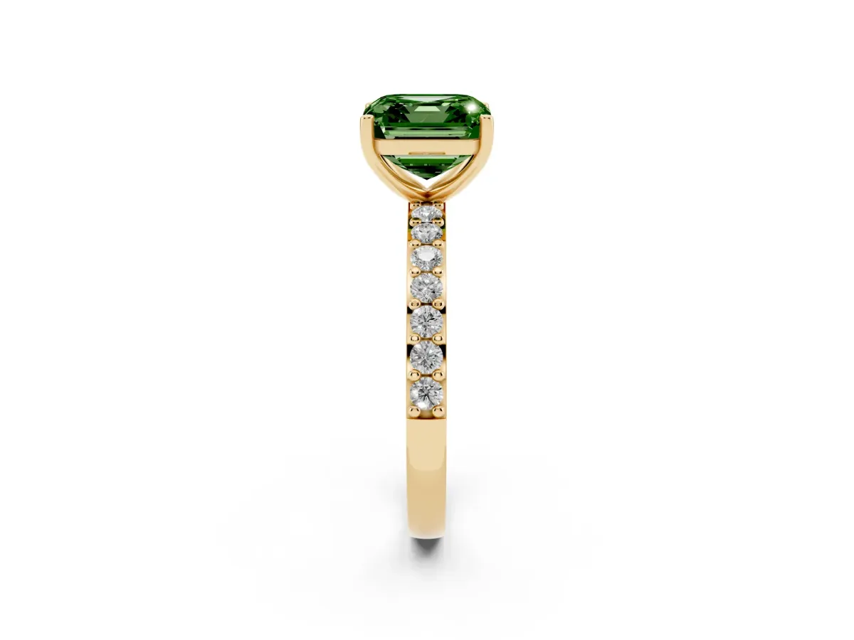 Fancy Green Asscher Cut Cut Diamond Solitaire with Pave Band and Four-Prong Setting Yellow gold