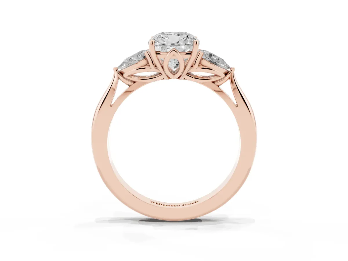 Three-Stone Cushion Cut Brilliant Diamond Solitaire Ring with Tapered Band and Four-Prong Setting Rose gold