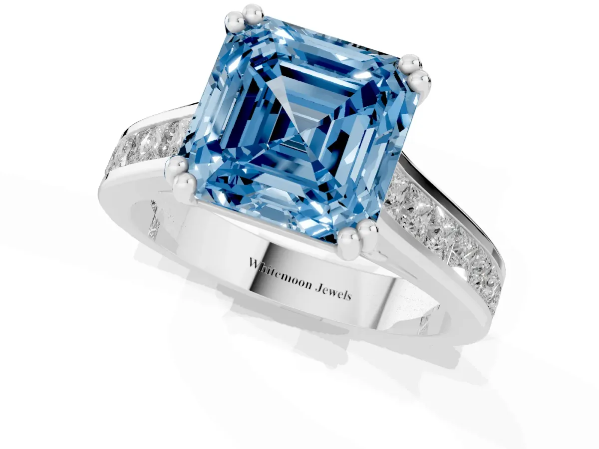 Fancy Blue Asscher Cut Cut Channel Set Solitaire Engagement Ring with Prong Setting Silver