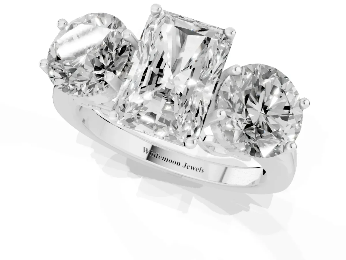 Three-Stone Radiant Cut Diamond Engagement Ring with Prong Setting on a Classic Band Silver