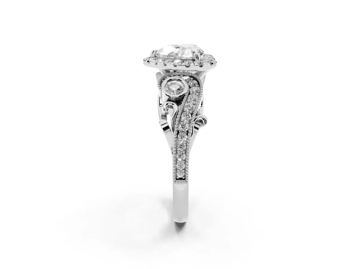 Heart Cut Halo Diamond Ring with Milgrain and Bezel Accents on a Split Shank Band Silver