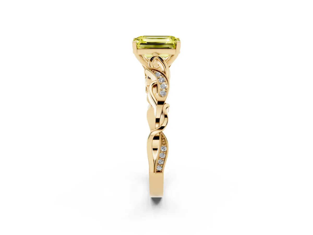 Fancy Yellow Emerald Cut Solitaire Vine Band with Milgrain Prong Setting Yellow gold
