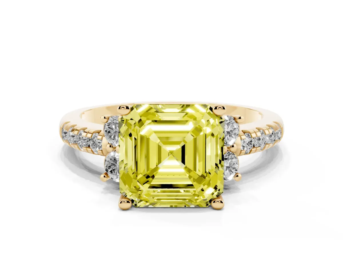Fancy Yellow Asscher Cut Diamond Three-Stone Pave Band with Four-Prong Setting Yellow gold