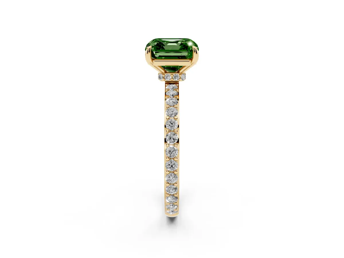 Fancy Green Asscher Cut Diamond Pavé Engagement Ring with Round Accents and Prong Setting Yellow gold
