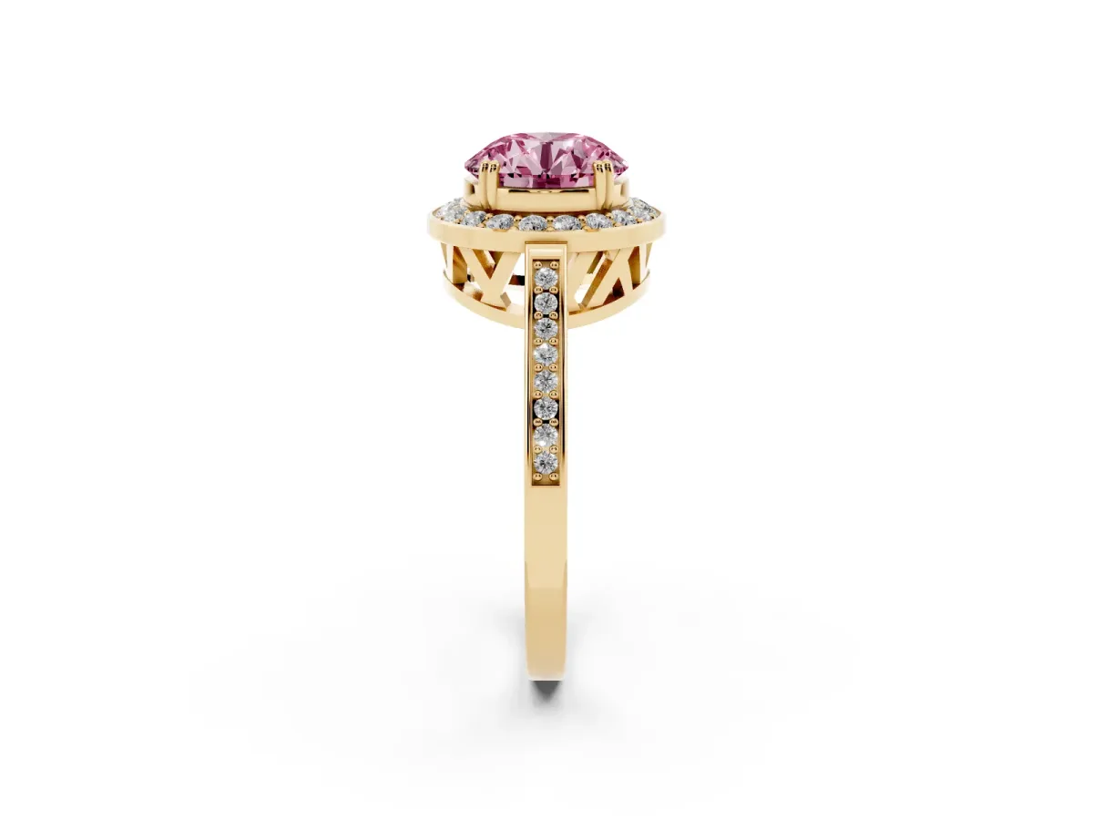 Fancy Pink Round Cut Diamond Halo Ring with Split Shank and Four-Prong Setting Yellow gold