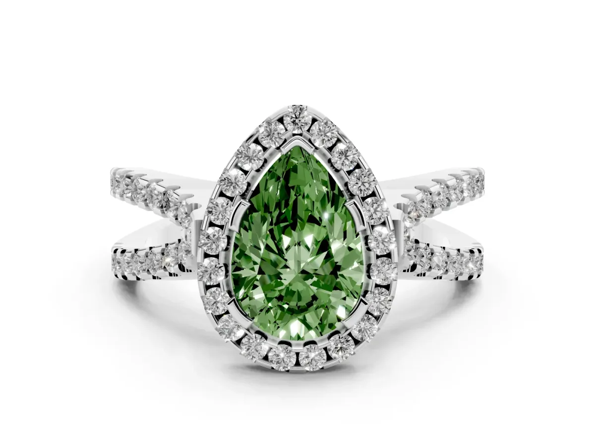 Fancy Green Pear Cut Diamond Halo Ring with Split Shank Pavé Band and Prong Setting Silver