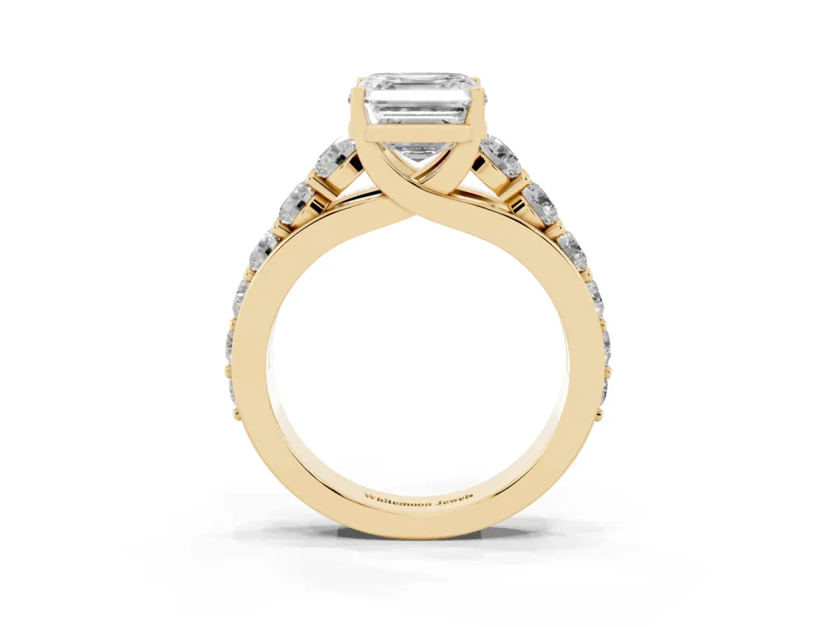 Asscher Cut Diamond Engagement Ring with Pavé Band and Four-Prong Setting Yellow gold