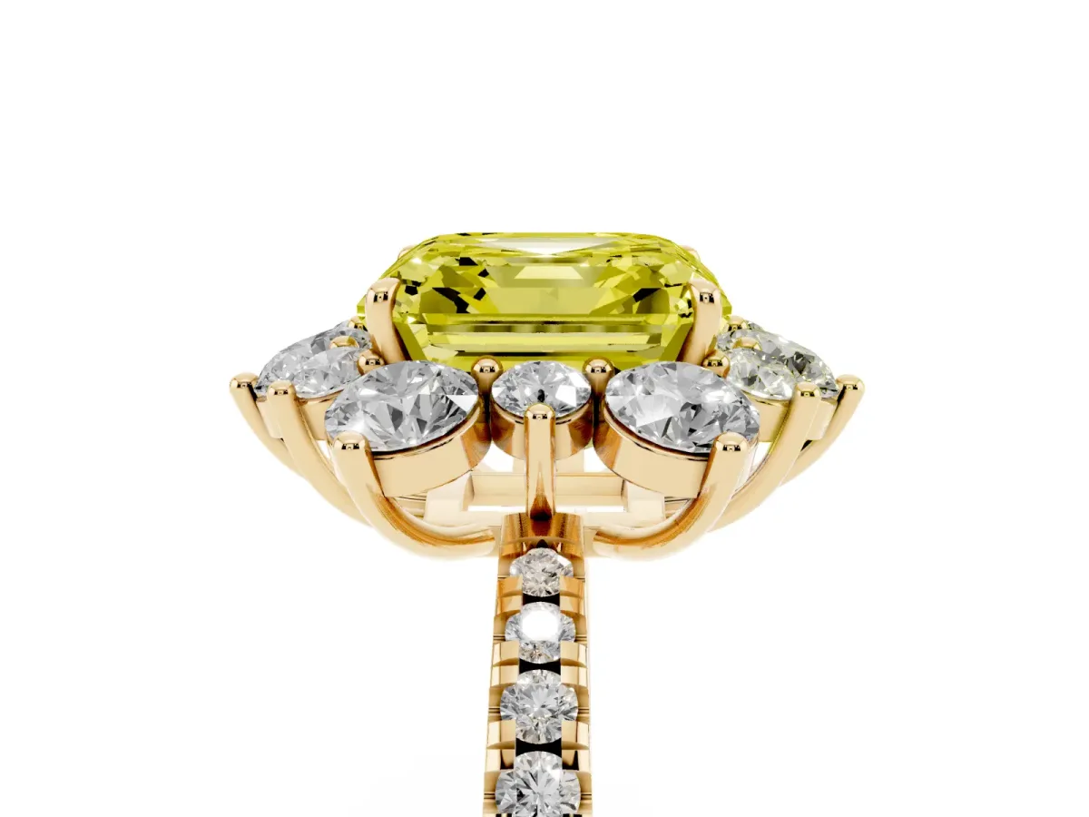 Fancy Yellow Asscher Cut Diamond Floral Halo Ring with Round Pavé Band and Prong Setting Yellow gold