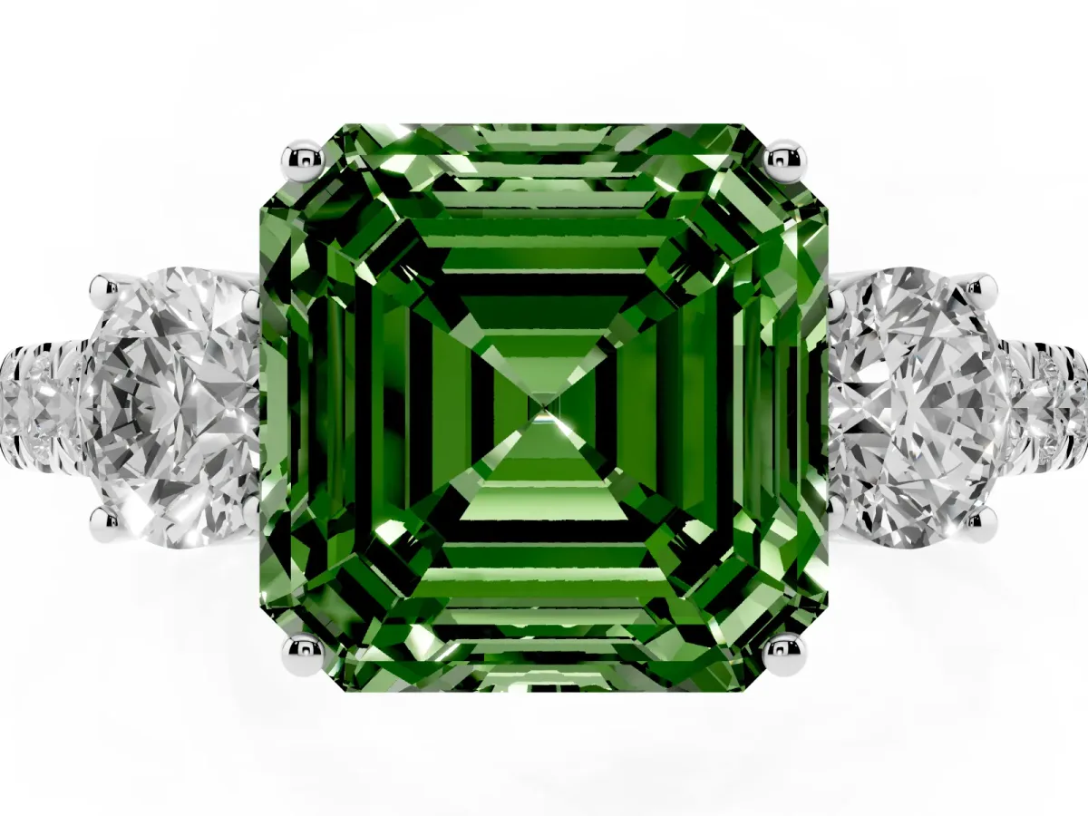 Fancy Green Asscher Cut Cut Diamond Three-Stone Ring with Round Side Stones and Pavé Band Platinum