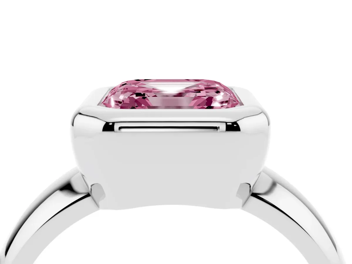 Fancy Pink Bezel Set Asscher Cut Solitaire Ring with Wide Band Silver