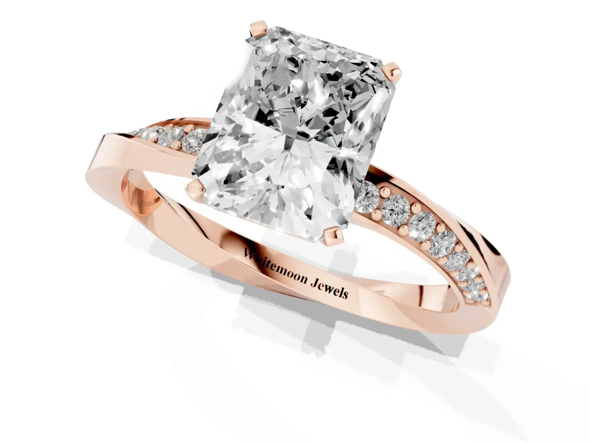 Radiant Cut Diamond Engagement Ring with Side Stone Accents and Four-Prong Setting Rose gold