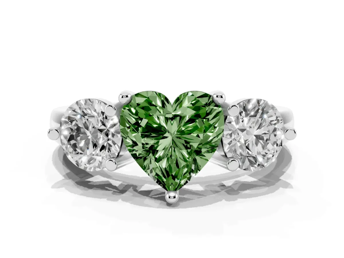 Fancy Green Three-Stone Heart Cut Brilliant Cut Solitaire Ring with Prong Setting on a Classic Band White gold