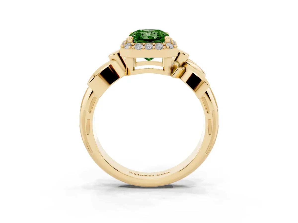 Fancy Green Radiant Cut Halo Diamond Floral Band with Four-Prong Setting Yellow gold