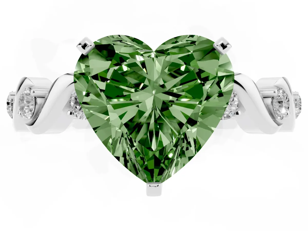 Fancy Green Heart Cut Diamond Solitaire Twisted Band with Round Accents and Prong Setting Platinum